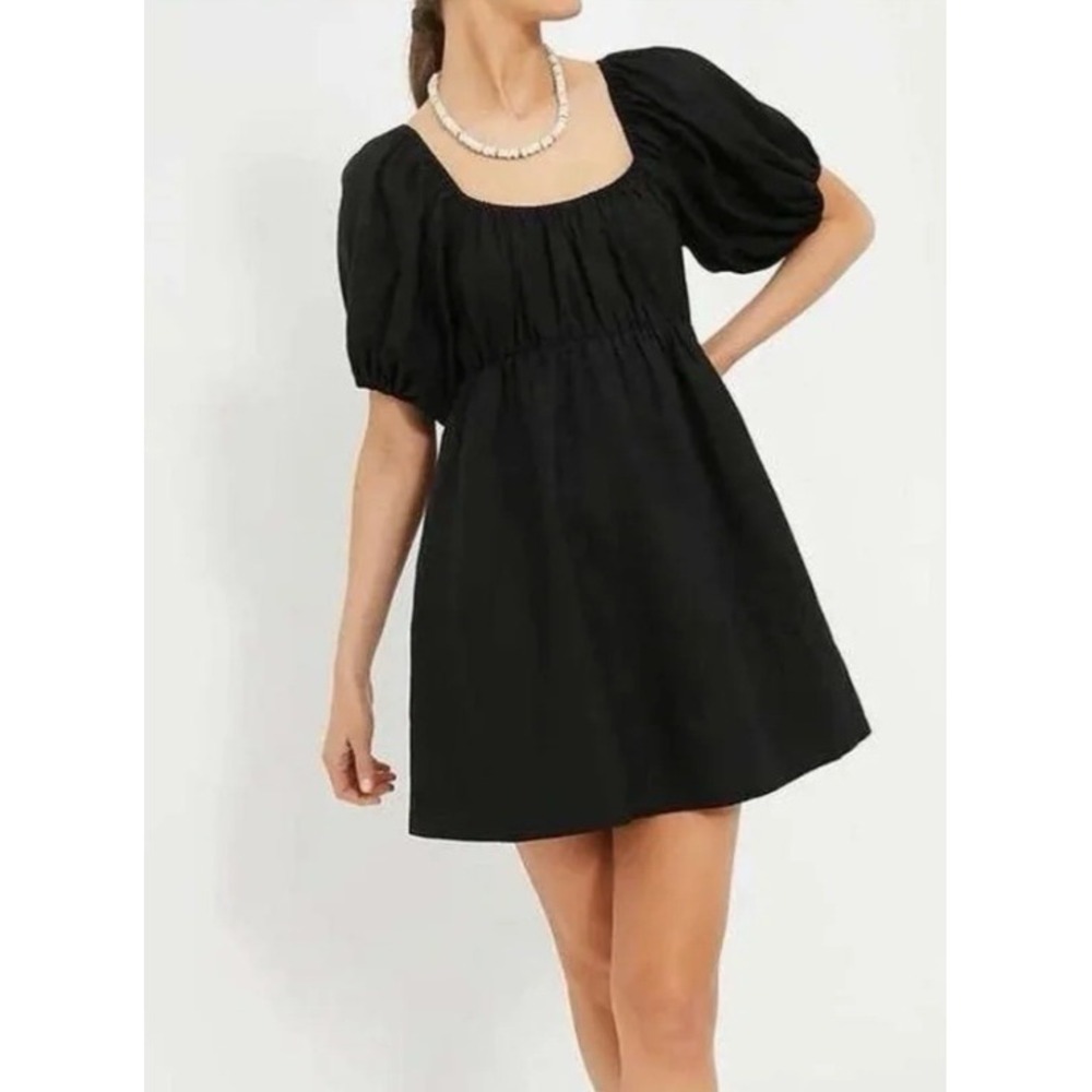NEW Pomander Place Tuckernuck Ares Puff Sleeve Dress Black Cotton Linen Size M